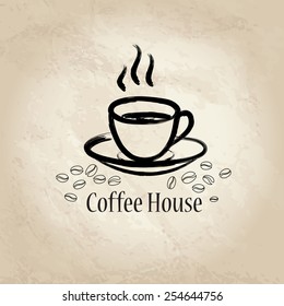 Coffee house background. Cafe vintage poster or banner background. Coffee cup with coffee beans.