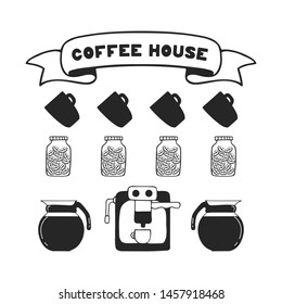 Coffee house background concept. Vector template with beans, cups, coffee machine and pot for shop, cafe or menu background. 