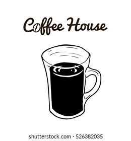 Coffee House Badge. Glass Doodle Vector Illustration Isolated On White Background.