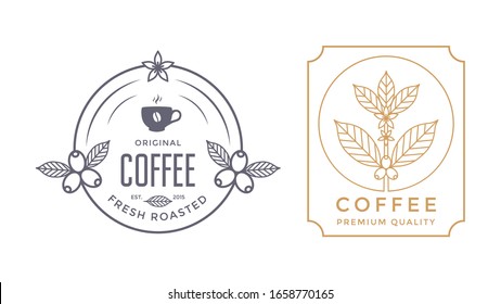 Insignias de la casa de café o plantillas de diseño de etiquetas con rama de café, bayas y taza. Emblema o logotipo para café.