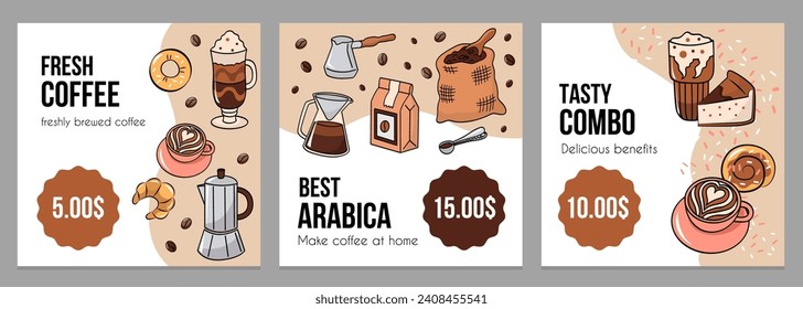 Coffee house or bakery. Set of layouts. Editable templates for flyer, promo, banner.