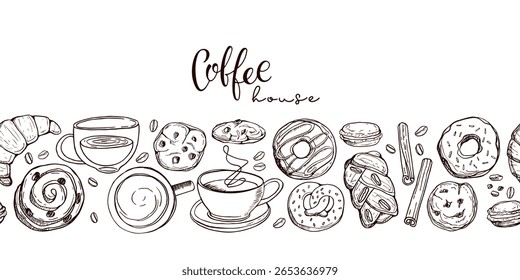 Banner do café. Borda de café sem costura com mão xícaras de esboço e produtos de padaria. Bebida quente isolada sobre fundo branco. Moldura da Haus Café. Ilustração vetorial para cartaz, menu, convite.
