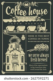 Coffee house banner set with old town, coffee machine, locomotive, coffee beans, cups, price tags and vintage inscriptions. Logo, menu, label, signboard, shop, restaurant, cafe. AI is not used