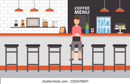 Coffee house or bar interior design, counter and stool vector. Man with coffee and laptop, grinder and turk, dessert cakes and menu, fridge and brick wall