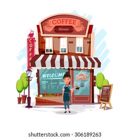 coffee house with barista girl.coffee shop. own business concept - vector illustration