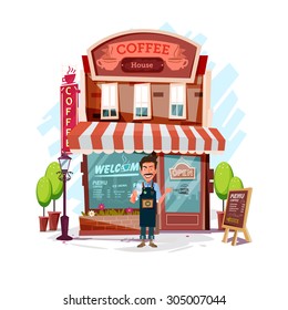 coffee house with barista man. Facade of a coffee shop store or cafe - vector illustration