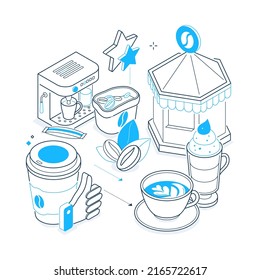 Coffee house - black and blue isometric line illustration. Cafe with hot beverages or shop idea. Latte, cappuccino, drinks composition. Latte, cappuccino, machine, cup, beans images