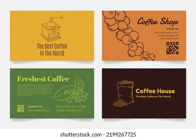 Coffee house business card set engraved vector illustration. Morning hot drink caffeine beverage restaurant shop cafe branding identification. Cappuccino espresso beans sack grinder leaves design