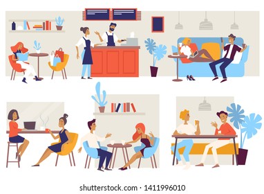 Coffee house or cafe chairs and couches barista and customers vector couple on date business lunch friends meeting woman after shopping tables chairs and sofa or couch bar and waitress in apron