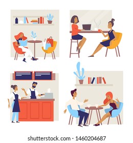 Coffee house or cafe chairs and couches barista and customers vector couple on date business lunch friends meeting woman after shopping tables, and chairs bar counter bartender and waitress in apron