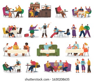 Coffee house or cafe, eating out, customers tables or bar counter vector. Couple on date, business lunch, dinner or coffee break, friends meeting. Waiter taking order and barista in coffehouse