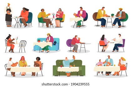 Coffee House Or Cafe, Eating Out, Customers On Chairs And Couches Vector. Couple On Date, Business Lunch, Arab Woman Taking Selfie, Friends Meeting. Waiter Taking Order, Coffee Break Illustration