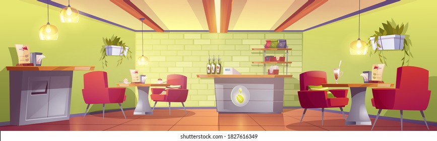 Coffee house or cafe interior with cashier desk, shelf with roasted beans packs, tables with dessert and armchairs, litter bin. Empty cafeteria with furniture, food court. Cartoon vector illustration