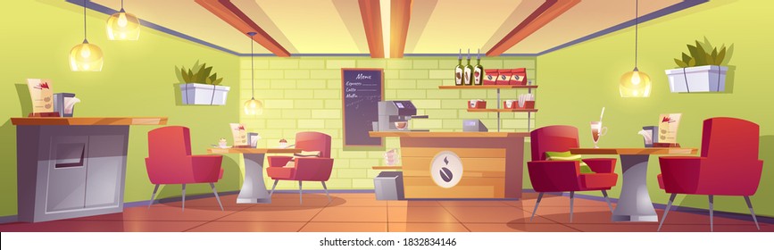 Coffee house or cafe interior with cashier desk, machine, chalkboard menu, shelf with roasted beans packs, tables and armchairs, litter bin. Empty cafeteria, food court. Cartoon vector illustration