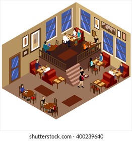 coffee house cafe isometric interior with customers and waitress breakfast in the people beige