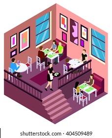 coffee house cafe isometric interior with customers and waitress breakfast in the people pink