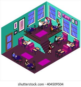coffee house cafe isometric interior with customers and waitress breakfast in the people blue