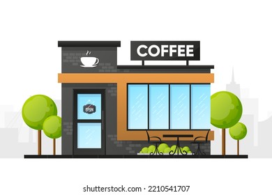 Coffee house Cafe in modern style. Summer terrace. City in the background. Vector illustration.