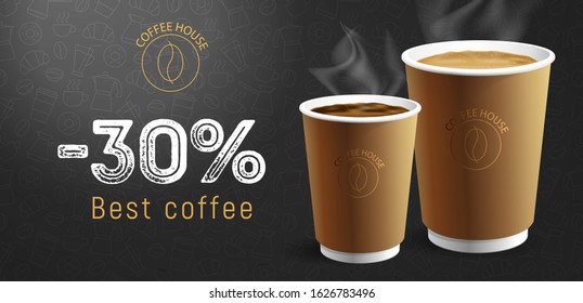 Coffee House cafe poster with discount typography and two cappuccino and americano coffee cups illustrations