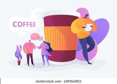 Coffee house, cafe takeout beverage. Friends drinking takeaway hot drink cartoon characters. Coffee break, low energy, tiredness and energizing concept. Vector isolated concept creative illustration