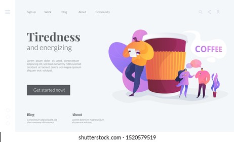 Coffee house, cafe takeout beverage. Friends drinking takeaway hot drink cartoon characters. Coffee break, low energy, tiredness and energizing concept. Website homepage header landing web page