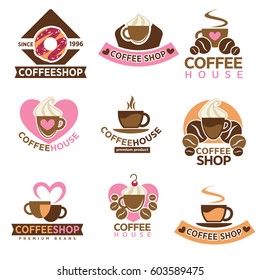 Coffee house, cafeteria or cafe logo templates set. Hot chocolate mug, strong espresso cup or latte macchiato and americano frappe with donut cake for coffeeshop. Vector isolated icons set