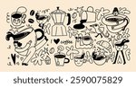 Coffee house, cafeteria, cafe stickers with cute lettering quotes, mugs and takeaway cups vector illustration set isolated on the background. Menu design elements, logo and badges collection