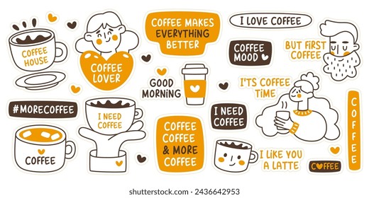 Coffee house, cafeteria, cafe stickers with cute lettering quotes, mugs and takeaway cups vector illustration set isolated on white background. Menu design elements, logo and badges collection