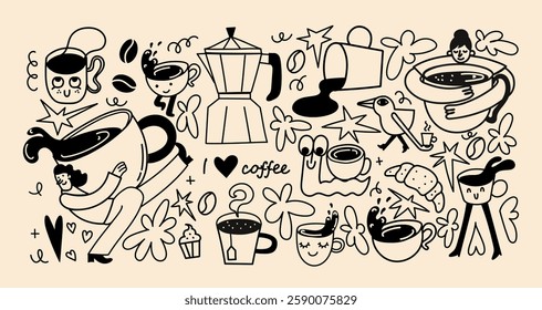 Coffee house, cafeteria, cafe stickers with cute lettering quotes, mugs and takeaway cups vector illustration set isolated on the background. Menu design elements, logo and badges collection