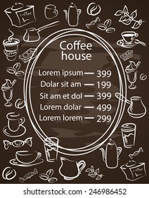 Coffee house chalkboard menu with a central oval frame with the price list surrounded by assorted coffee icons white vector illustration on black