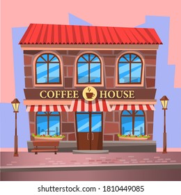 Coffee house and city background. Central cafe on street with lamp posts and wooden bench. Urban cafeteria, public place, building facade vector illustration