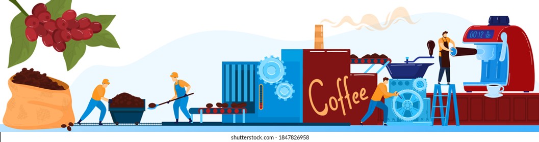 Coffee house concept vector illustration. Cartoon flat tiny barista people working on coffee machine in cafe shop bar, bartender team of characters making fresh hot beverage in coffee shop background