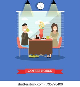 Coffee house concept vector illustration. Happy couple sitting at table, drinking coffee flat style design element.