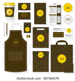 Coffee house corporate identity template set with memphis geometric pattern and place for your logo. Restaurant cafe set card, flyer, menu, package, uniform design set. Vector Illustration