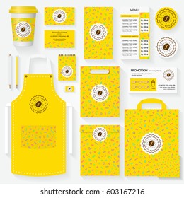 Coffee house corporate identity template set with bean logo and memphis geometric pattern. Restaurant cafe set card, flyer, menu, package, uniform design set. Vector Illustration