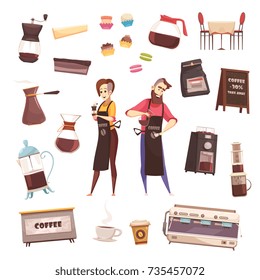 Coffee house decorative icons set of barmaid and barista characters automatic coffee machine aeropress coffee maker cezve french press elements flat vector illustration 