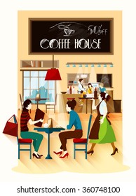 Coffee house  design concept with cafe employees behind bar waitress with tray and visitors sitting at table flat vector illustration