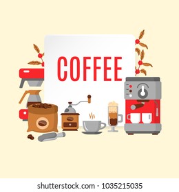 Coffee house design. Coffee equipment flat collection icons. Hot drinks flat line icons - coffeemaker machine, beans, cup, grinder. For restaurant menus, business cards, brand design, etc. Vector.
