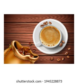 Coffee House Elegance Promotional Poster Vector. Coffee Roasted Beans With Textile Bag And Fresh Boiled Hot Drink Cup On Wooden Table Advertising Banner. Style Color Concept Template Illustration