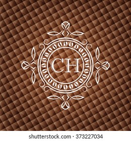 Coffee House. Elegant luxury floral monogram frame template on chocolate brown geometric background