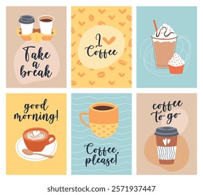 Coffee house elements cards. Cute posters with cups with hot drink, espresso, latte, cappuccino, short lettering text, banners, vector set