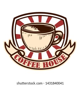 Coffee house emblem template. Design element for logo, label, sign, poster, flyer. Vector illustration