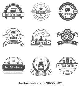 Coffee house emblems set  with cups grinder and beans black white color isolated vector illustration 