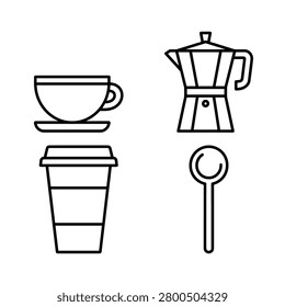 Coffee house essentials icon set featuring an espresso cup, moka pot, takeaway coffee container, and spoon, illustrating a morning routine or cafe elements in a clean line art style