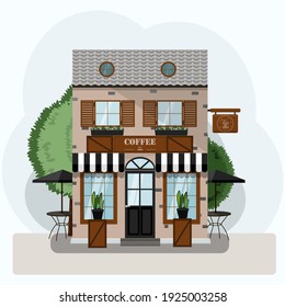 coffee house exterior vector illustration. Flat design of facade. Cafe building concept. Brick two-story restaurant in the European style. Illustration of a city street. A striped awning, shuttered