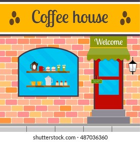 Coffee house facade in flat style. EPS10 vector illustration of city public building square architecture. Small business cafe design.