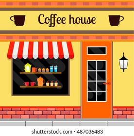 Coffee house facade in flat style. EPS10 vector illustration of city public building square architecture. Small business cafe design.