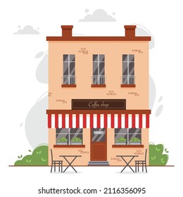 Coffee house facade with terrace or veranda, tables and chairs for visitors. Coffee house exterior with sun blind or marquise. Vector illustration of front side of coffee house.