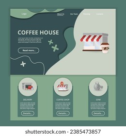 Coffee house flat landing page website template. Delivery, coffee shop, gym. Web banner with header, content and footer. Vector illustration.
