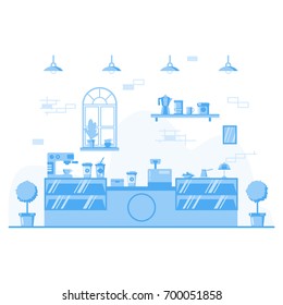 Coffee house flat vector interior in blue tones for background image
